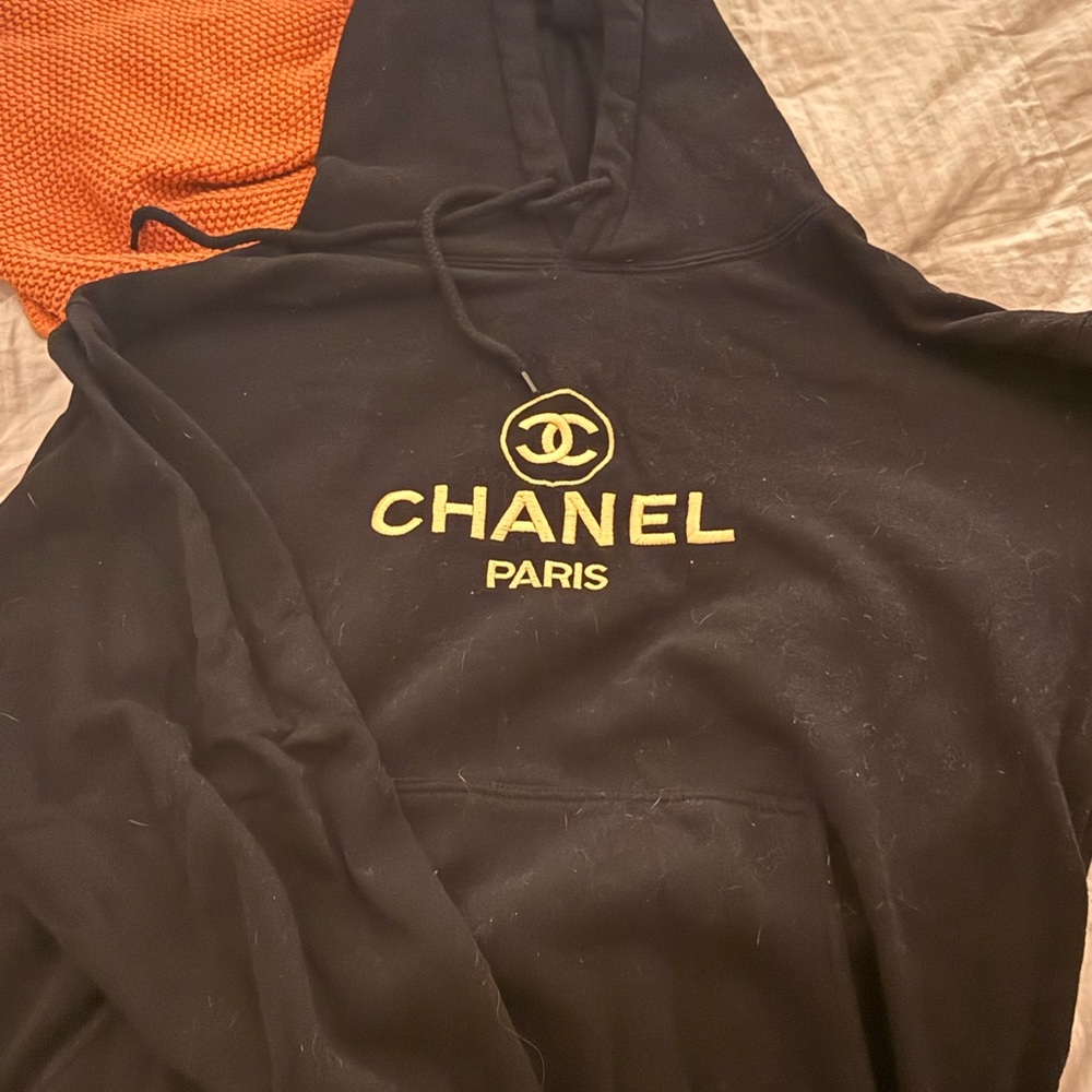 Chanel Embroidered Black Hoodie with Gold Logo